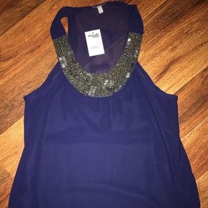 Navy blue sheer tank with dark silver beading NWT